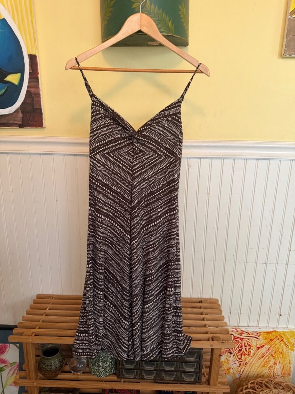 BCBGMAXAZRIA Brown White Print Spaghetti Strap Midi Dress Bust M